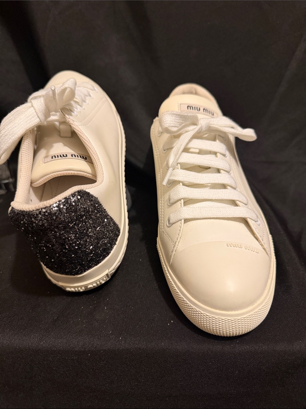Miu Miu White Leather Sneakers with Black Glitter Heel